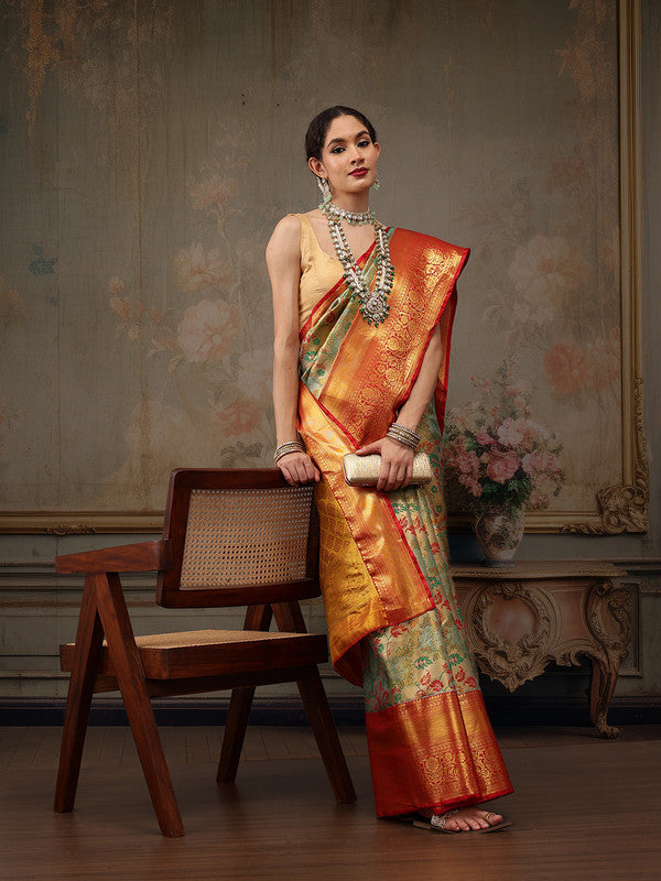 Gray Pure Silk Woven Zari Design Floral Saree with Unstitched Blouse - Hiral Fashion - Distacart