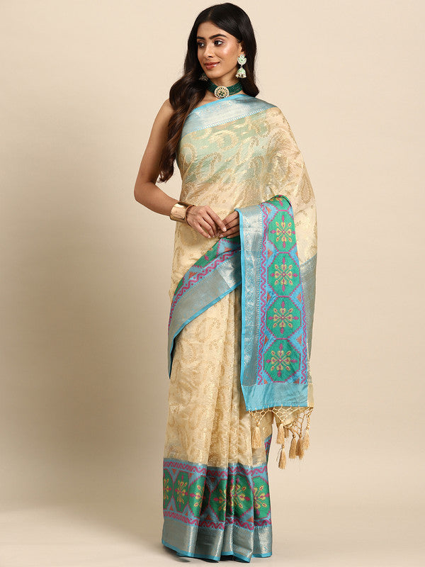 Beige Silk Blend Woven Zari Design Paisley Saree with Unstitched Blouse - Hiral Fashion - Distacart
