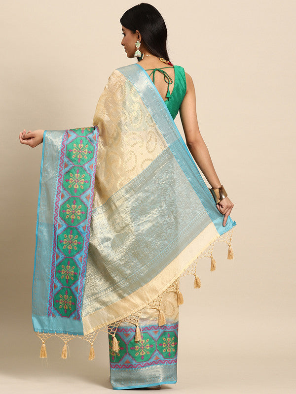 Beige Silk Blend Woven Zari Design Paisley Saree with Unstitched Blouse - Hiral Fashion - Distacart