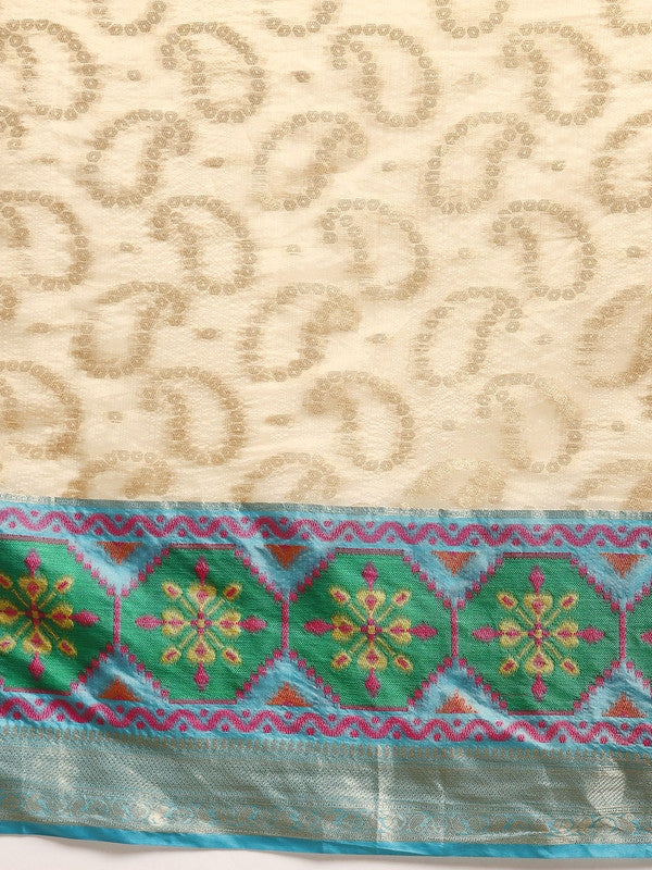 Beige Silk Blend Woven Zari Design Paisley Saree with Unstitched Blouse - Hiral Fashion - Distacart