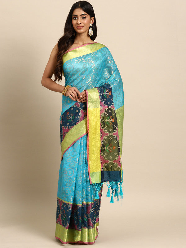 Blue Silk Blend Woven Zari Design Geomatric Saree with Unstitched Blouse - Hiral Fashion - Distacart