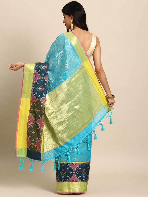 Blue Silk Blend Woven Zari Design Geomatric Saree with Unstitched Blouse - Hiral Fashion - Distacart