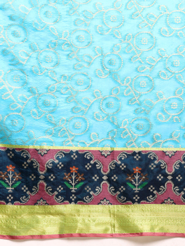 Blue Silk Blend Woven Zari Design Geomatric Saree with Unstitched Blouse - Hiral Fashion - Distacart