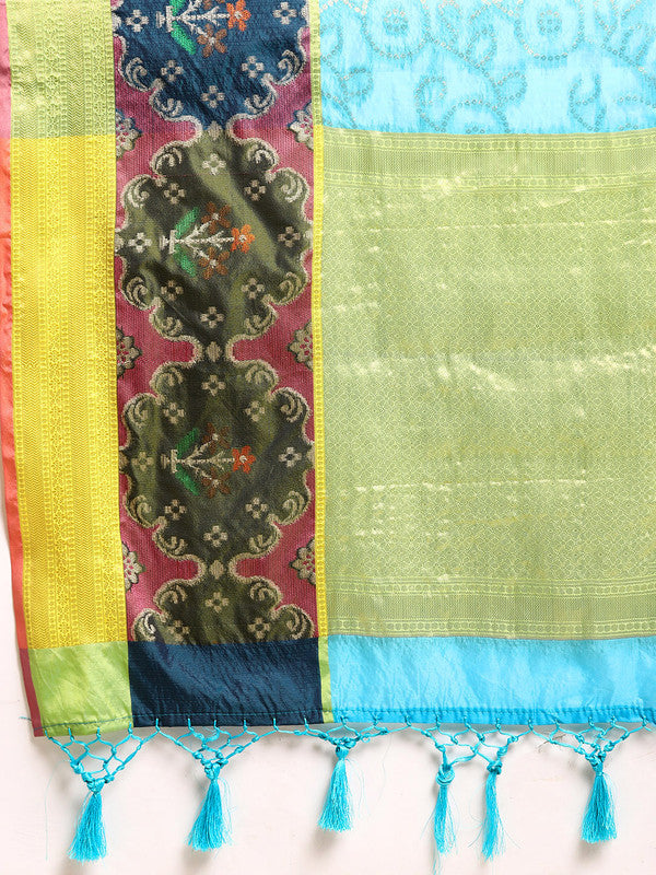 Blue Silk Blend Woven Zari Design Geomatric Saree with Unstitched Blouse - Hiral Fashion - Distacart