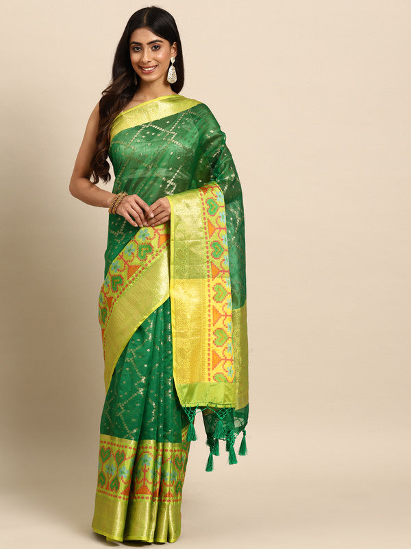 Green Silk Blend Woven Zari Design Striped Saree with Unstitched Blouse - Hiral Fashion - Distacart