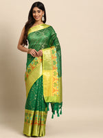 Thumbnail for Green Silk Blend Woven Zari Design Striped Saree with Unstitched Blouse - Hiral Fashion - Distacart