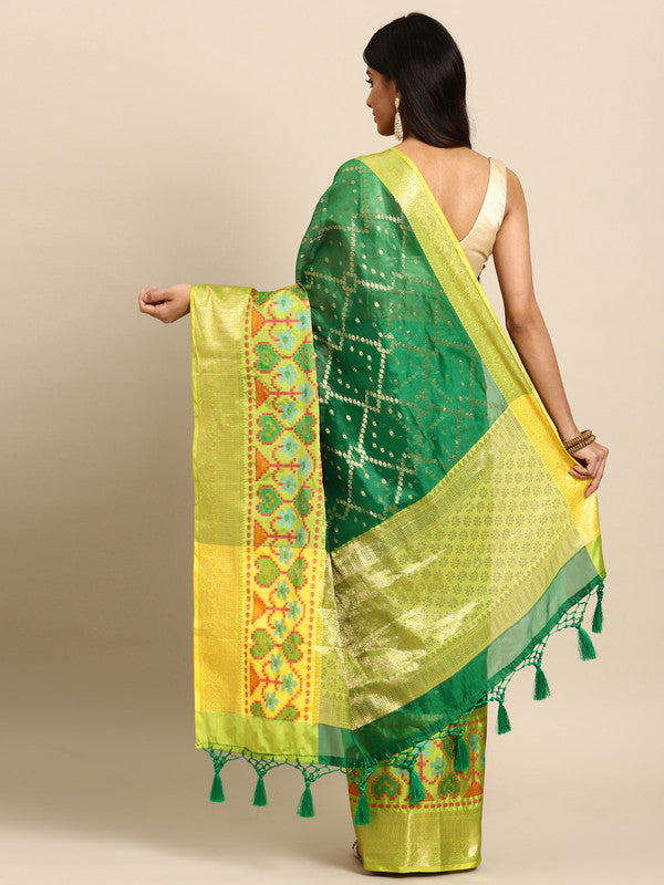 Green Silk Blend Woven Zari Design Striped Saree with Unstitched Blouse - Hiral Fashion - Distacart