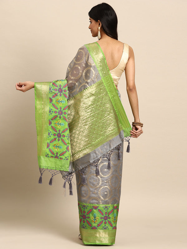 Gray Silk Blend Woven Zari Design Geomatric Saree with Unstitched Blouse - Hiral Fashion - Distacart