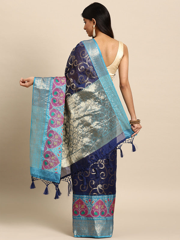 Navy Blue Silk Blend Woven Zari Design Floral Saree with Unstitched Blouse - Hiral Fashion - Distacart