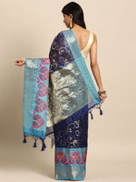 Thumbnail for Navy Blue Silk Blend Woven Zari Design Floral Saree with Unstitched Blouse - Hiral Fashion - Distacart