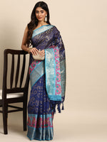 Thumbnail for Navy Blue Silk Blend Woven Zari Design Floral Saree with Unstitched Blouse - Hiral Fashion - Distacart