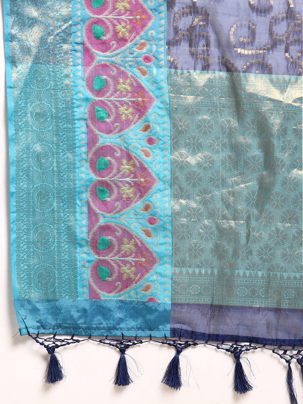 Navy Blue Silk Blend Woven Zari Design Floral Saree with Unstitched Blouse - Hiral Fashion - Distacart