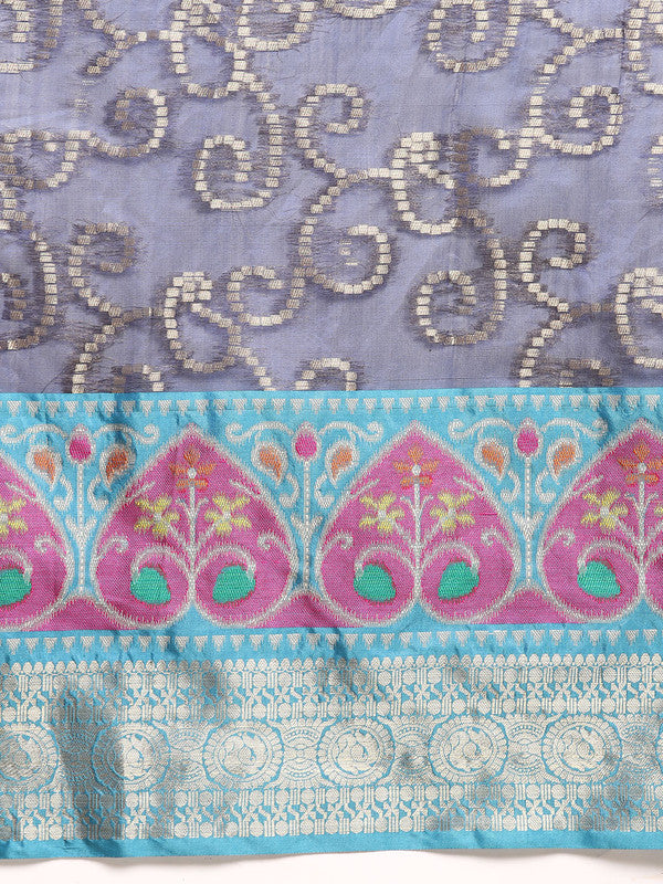 Navy Blue Silk Blend Woven Zari Design Floral Saree with Unstitched Blouse - Hiral Fashion - Distacart