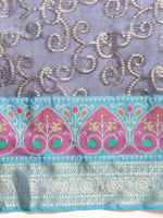 Thumbnail for Navy Blue Silk Blend Woven Zari Design Floral Saree with Unstitched Blouse - Hiral Fashion - Distacart