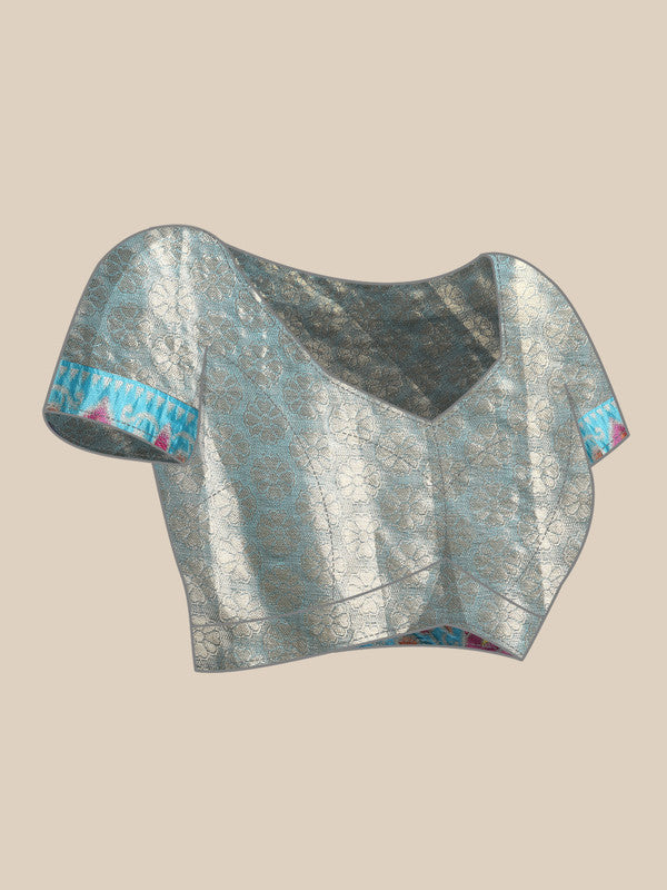 Navy Blue Silk Blend Woven Zari Design Floral Saree with Unstitched Blouse - Hiral Fashion - Distacart