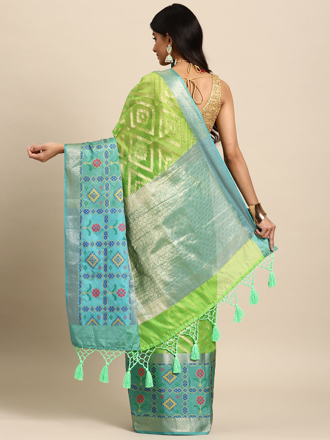 Green Silk Blend Woven Zari Design Geomatric Saree with Unstitched Blouse - Hiral Fashion - Distacart
