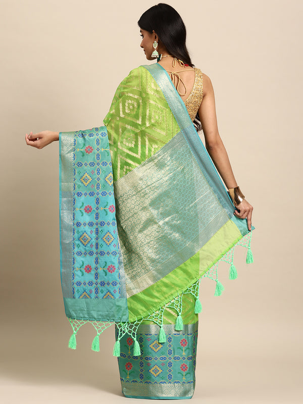 Green Silk Blend Woven Zari Design Geomatric Saree with Unstitched Blouse - Hiral Fashion - Distacart