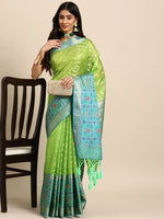 Thumbnail for Green Silk Blend Woven Zari Design Geomatric Saree with Unstitched Blouse - Hiral Fashion - Distacart