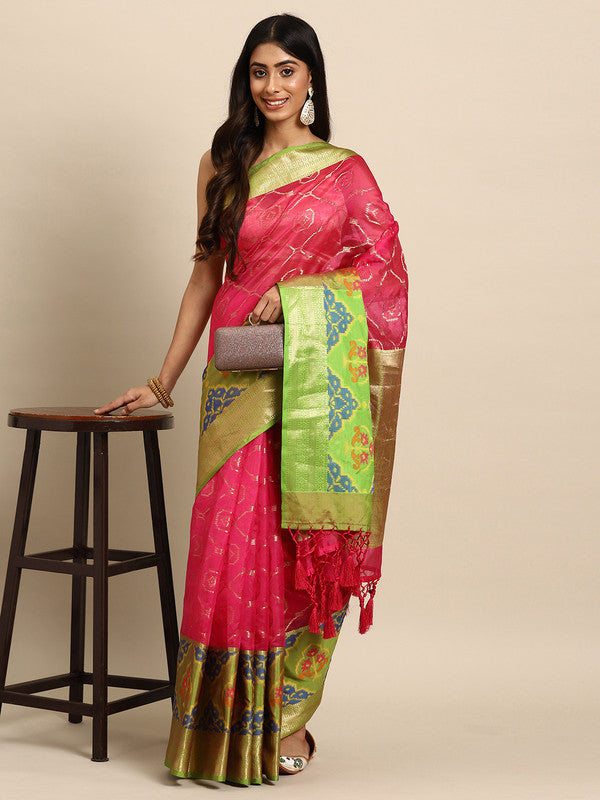 Pink Silk Blend Woven Zari Design Geomatric Saree with Unstitched Blouse - Hiral Fashion - Distacart