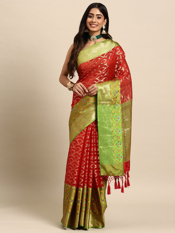 Red Silk Blend Woven Zari Design Striped Saree with Unstitched Blouse - Hiral Fashion - Distacart
