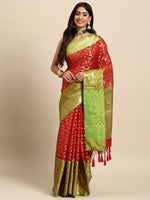 Thumbnail for Red Silk Blend Woven Zari Design Striped Saree with Unstitched Blouse - Hiral Fashion - Distacart