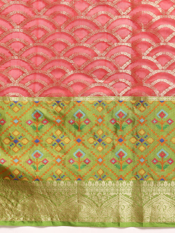 Red Silk Blend Woven Zari Design Striped Saree with Unstitched Blouse - Hiral Fashion - Distacart