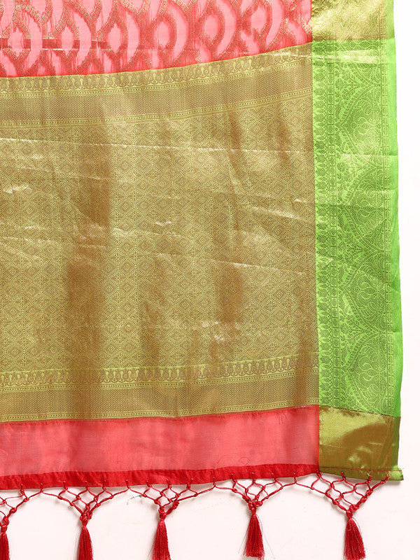 Red Silk Blend Woven Zari Design Striped Saree with Unstitched Blouse - Hiral Fashion - Distacart