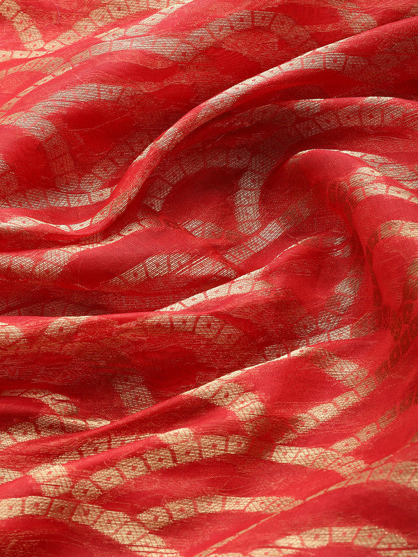 Red Silk Blend Woven Zari Design Striped Saree with Unstitched Blouse - Hiral Fashion - Distacart