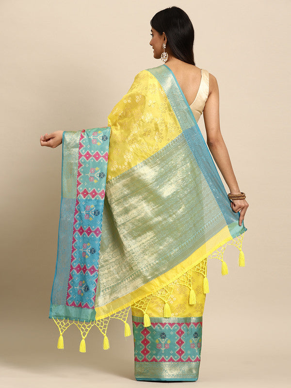 Yellow Silk Blend Woven Zari Design Geomatric Saree with Unstitched Blouse - Hiral Fashion - Distacart