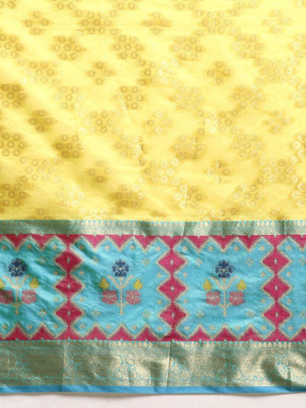 Yellow Silk Blend Woven Zari Design Geomatric Saree with Unstitched Blouse - Hiral Fashion - Distacart