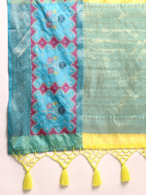 Yellow Silk Blend Woven Zari Design Geomatric Saree with Unstitched Blouse - Hiral Fashion - Distacart