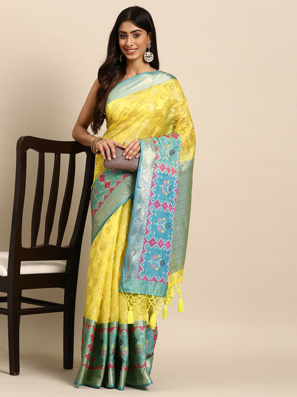 Yellow Silk Blend Woven Zari Design Geomatric Saree with Unstitched Blouse - Hiral Fashion - Distacart