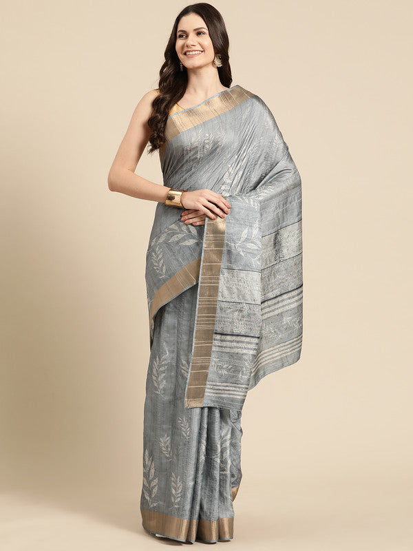Gray Silk Blend Digital Print Floral Saree with Unstitched Blouse - Hiral Fashion - Distacart