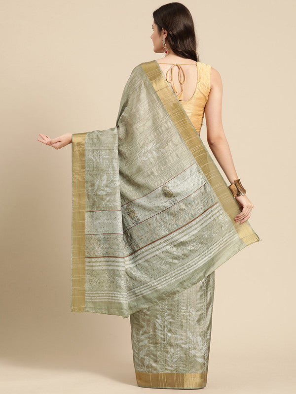 Olive Silk Blend Digital Print Floral Saree with Unstitched Blouse - Hiral Fashion - Distacart