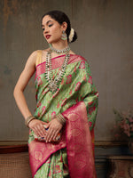 Thumbnail for Green Pure Silk Woven Zari Design Floral Saree with Unstitched Blouse - Hiral Fashion - Distacart