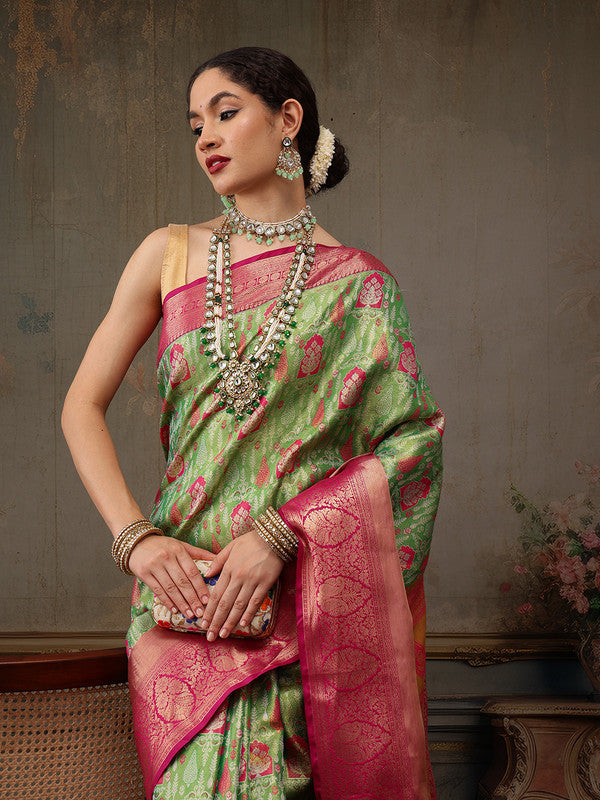 Green Pure Silk Woven Zari Design Floral Saree with Unstitched Blouse - Hiral Fashion - Distacart
