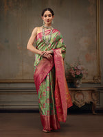 Thumbnail for Green Pure Silk Woven Zari Design Floral Saree with Unstitched Blouse - Hiral Fashion - Distacart