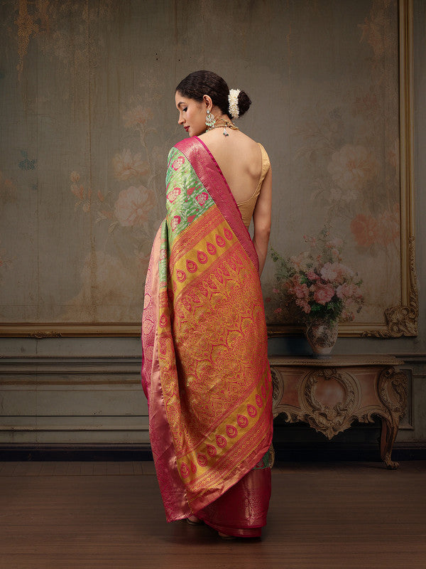 Green Pure Silk Woven Zari Design Floral Saree with Unstitched Blouse - Hiral Fashion - Distacart