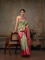 Thumbnail for Green Pure Silk Woven Zari Design Floral Saree with Unstitched Blouse - Hiral Fashion - Distacart