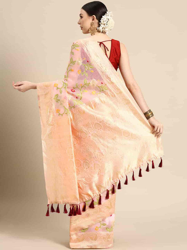 Light Pink Pure Cotton Woven Zari Design Floral Saree with Unstitched Blouse - Hiral Fashion - Distacart