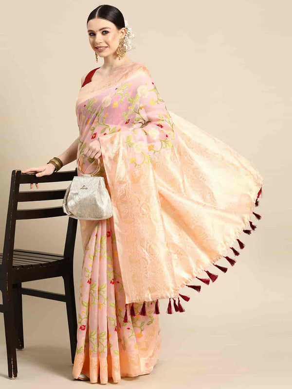 Light Pink Pure Cotton Woven Zari Design Floral Saree with Unstitched Blouse - Hiral Fashion - Distacart