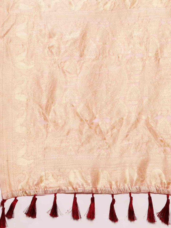Light Pink Pure Cotton Woven Zari Design Floral Saree with Unstitched Blouse - Hiral Fashion - Distacart