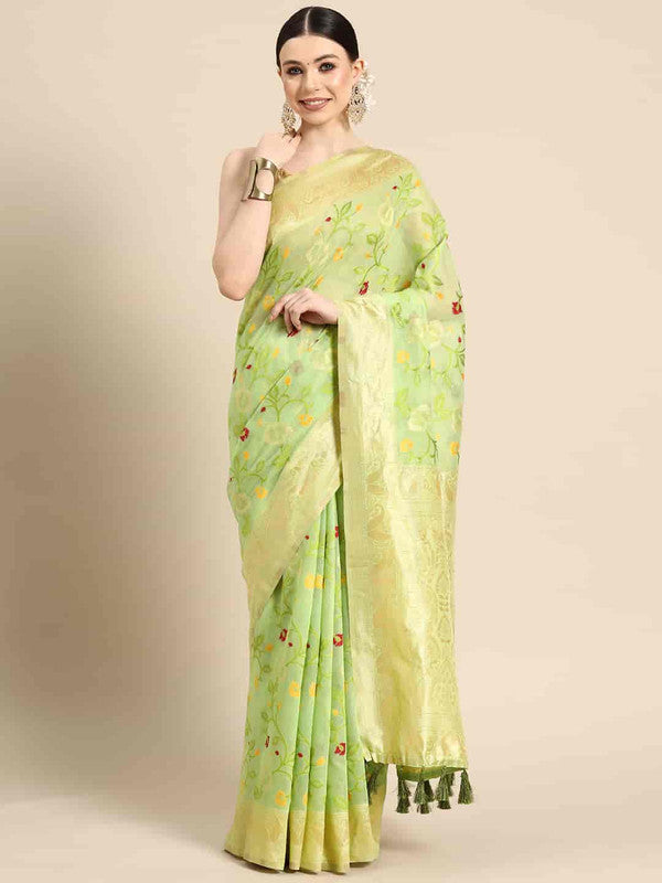 Green Pure Cotton Woven Zari Design Floral Saree with Unstitched Blouse - Hiral Fashion - Distacart