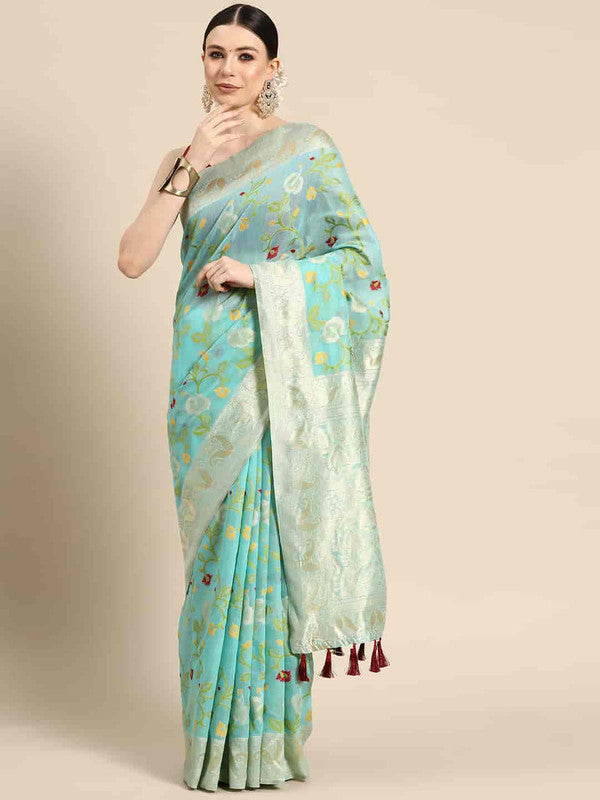 Turquoise Pure Cotton Woven Zari Design Floral Saree with Unstitched Blouse - Hiral Fashion - Distacart