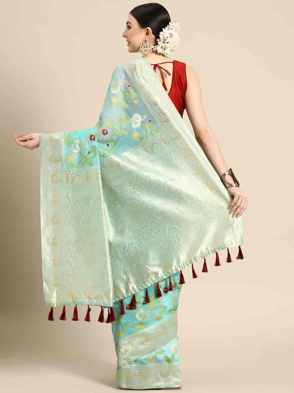 Turquoise Pure Cotton Woven Zari Design Floral Saree with Unstitched Blouse - Hiral Fashion - Distacart