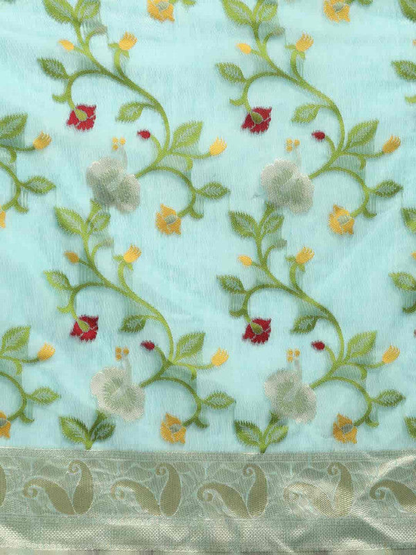 Turquoise Pure Cotton Woven Zari Design Floral Saree with Unstitched Blouse - Hiral Fashion - Distacart