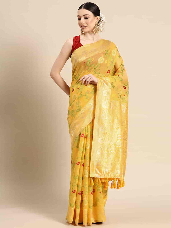 Yellow Pure Cotton Woven Zari Design Floral Saree with Unstitched Blouse - Hiral Fashion - Distacart