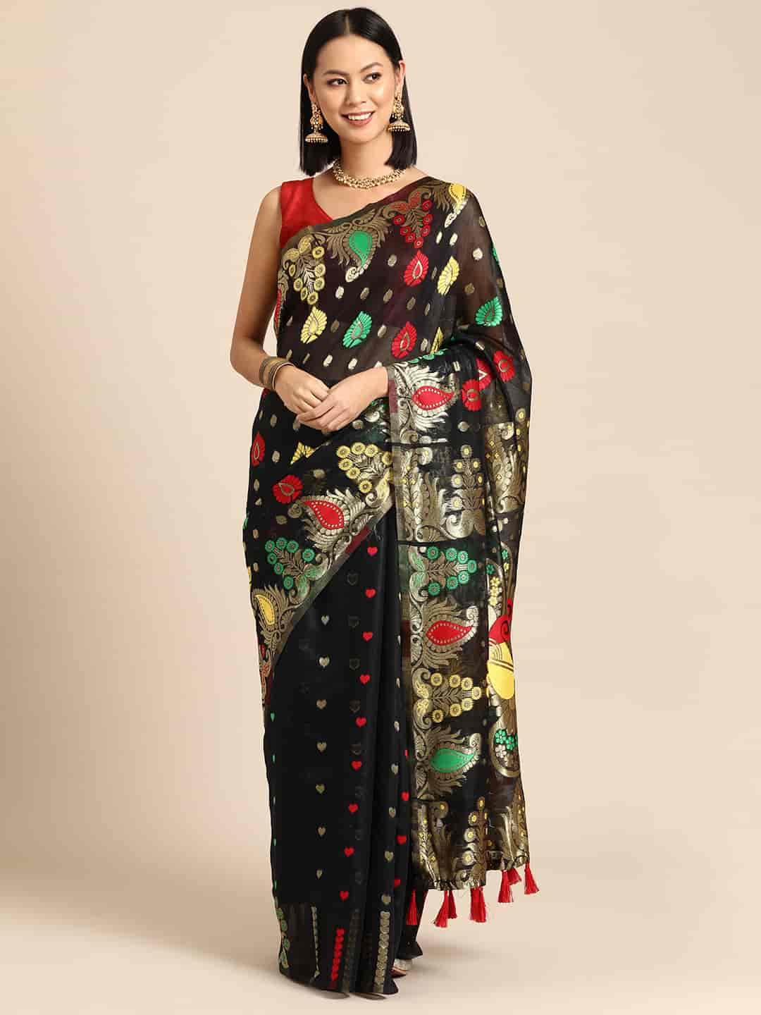 Black Pure Cotton Woven Zari Design Paisley Saree with Unstitched Blouse - Hiral Fashion - Distacart