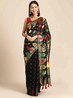 Thumbnail for Black Pure Cotton Woven Zari Design Paisley Saree with Unstitched Blouse - Hiral Fashion - Distacart