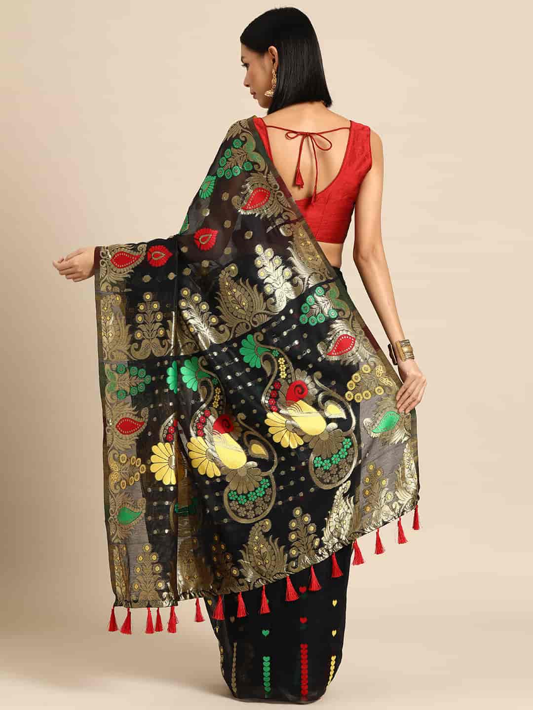Black Pure Cotton Woven Zari Design Paisley Saree with Unstitched Blouse - Hiral Fashion - Distacart